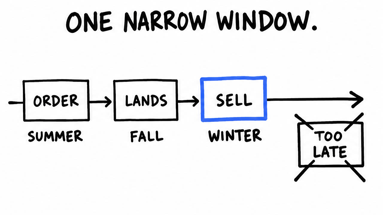 Sketch of a timeline showing an order placed in summer, landing in fall, selling in winter, and a late arrival marked as dead stock