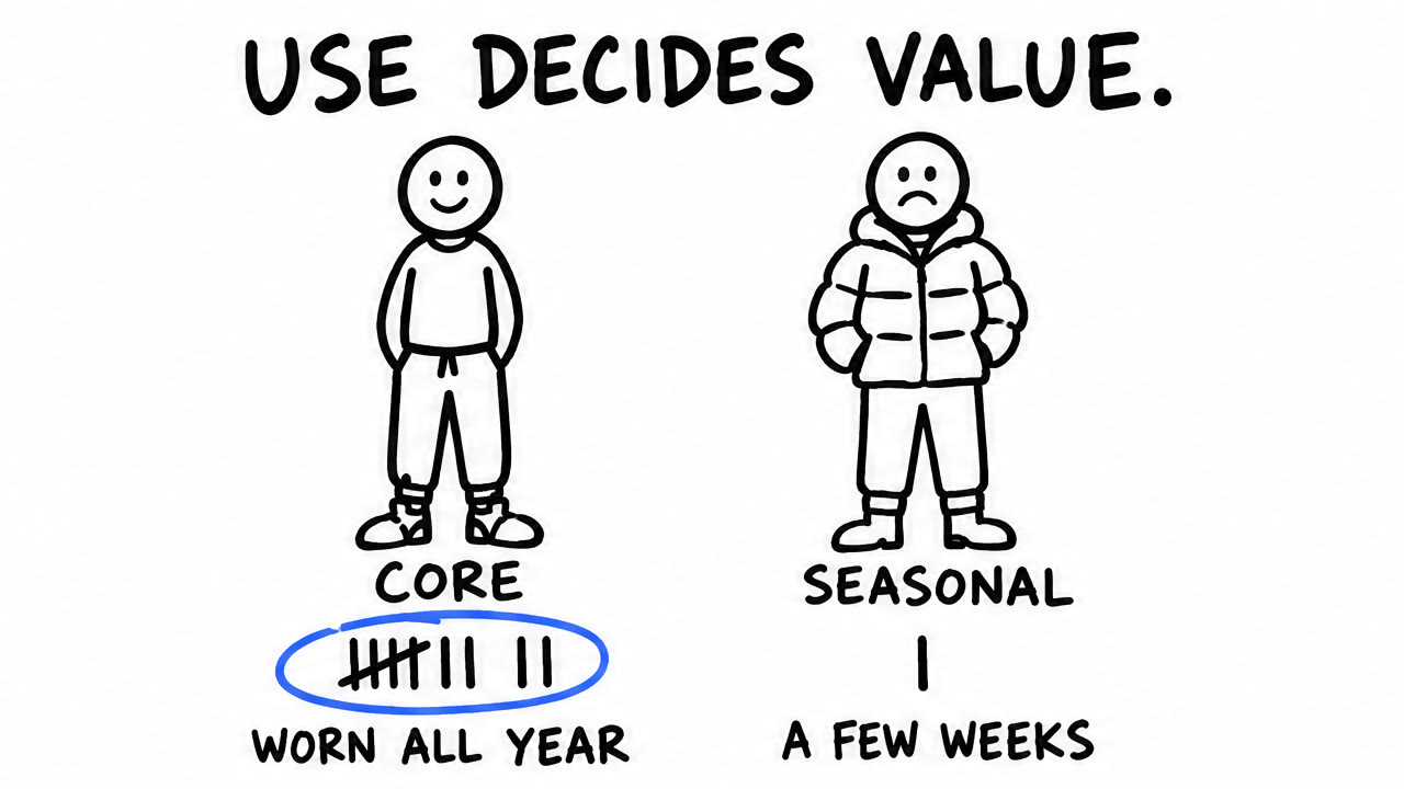 Sketch comparing a core product worn all year against a seasonal product worn for a few weeks