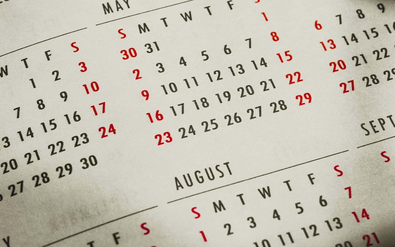 Close-up of a printed year planner showing month grids with weekend dates in red