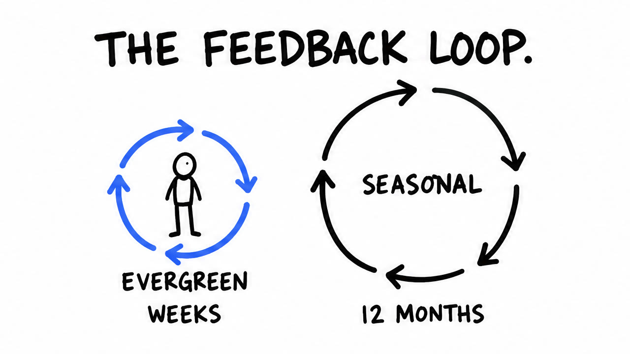 Sketch of two feedback loops, a small fast one labelled evergreen and a large slow one labelled seasonal at twelve months