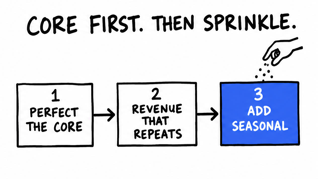 Sketch of three numbered steps, perfect the core, build revenue that repeats, then add seasonal