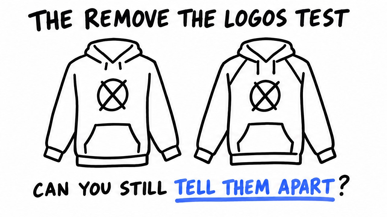 Sketch of two hoodies with their logos crossed out and the question can you still tell them apart