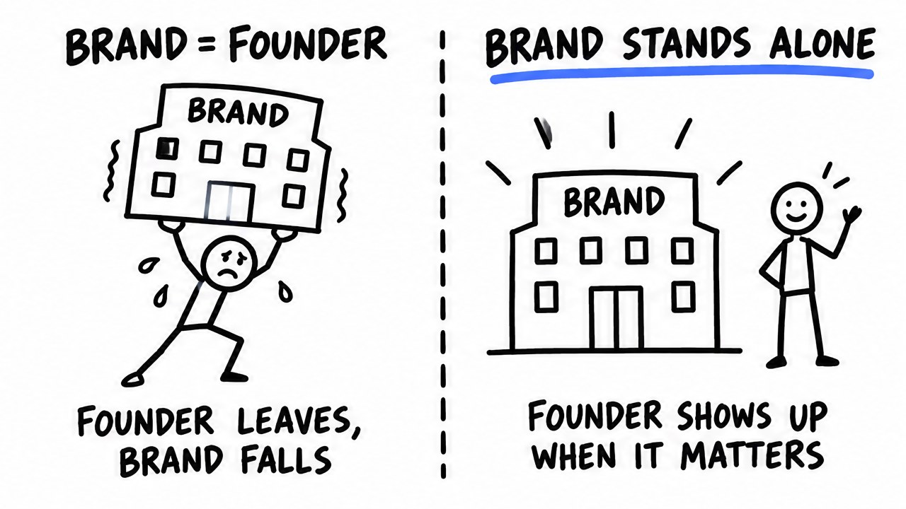 Sketch comparing a founder holding up the whole brand with a brand standing on its own beside a relaxed founder