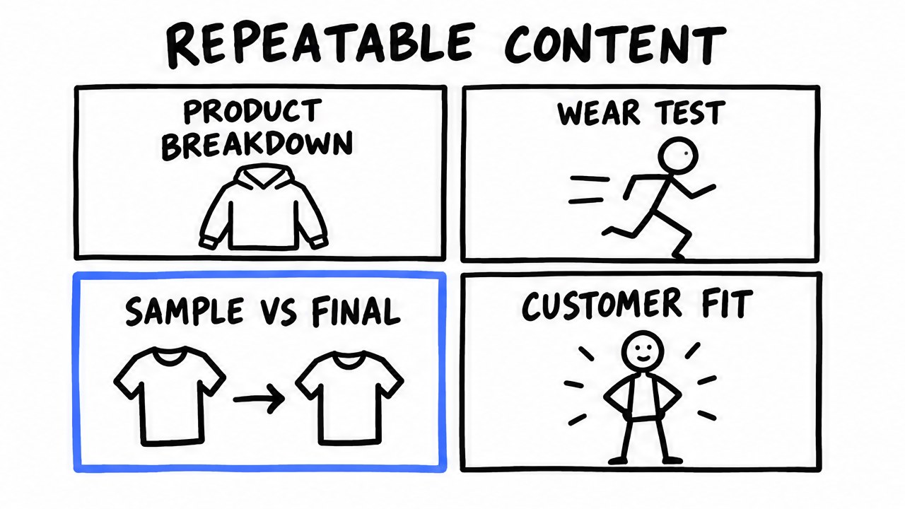 Sketch of four content format boxes: product breakdown, wear test, sample vs final, customer fit