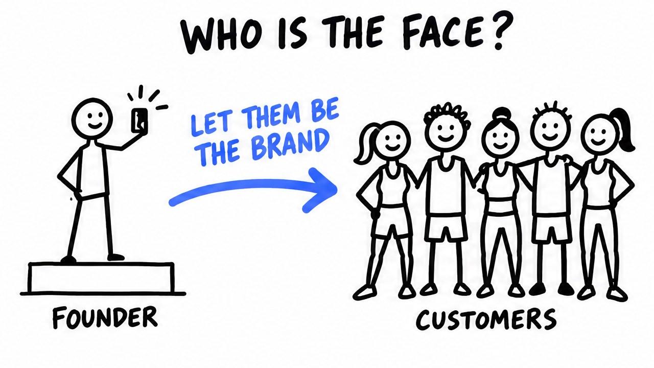Sketch of a founder on a stage pointing to a group of customers with the words let them be the brand
