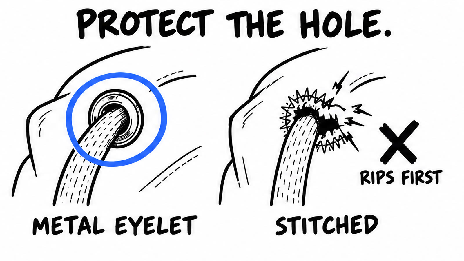 Hand-drawn sketch comparing a metal eyelet protecting a drawcord hole with a stitched hole that rips first