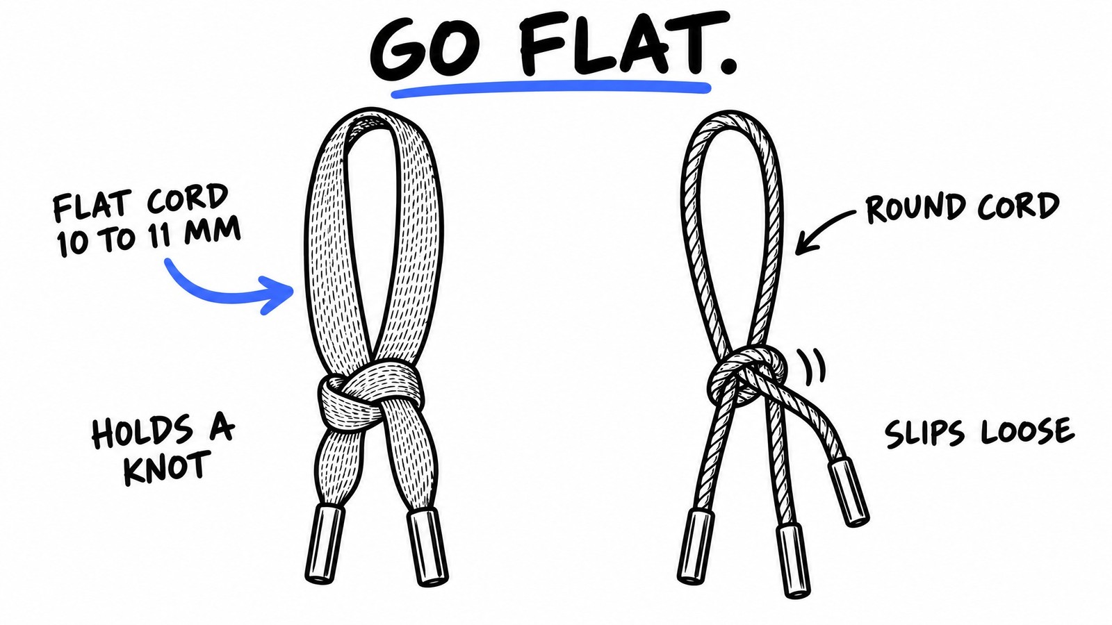 Hand-drawn sketch comparing a flat drawcord of 10 to 11 mm that holds a knot with a round cord whose knot slips loose