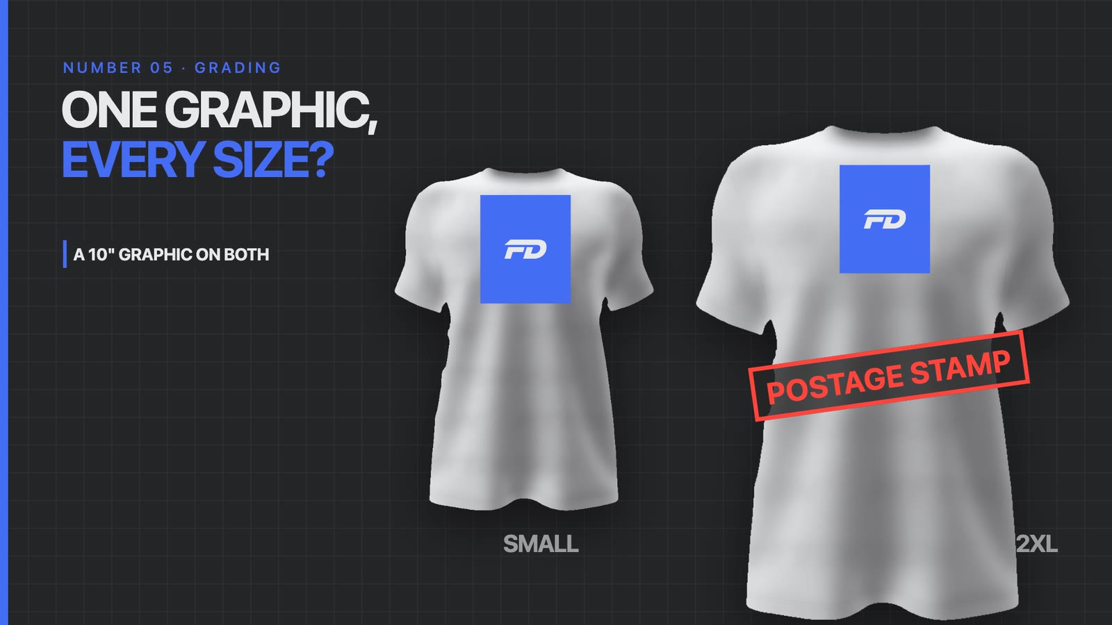 The same 10 inch graphic on a size small and a size 2XL, where it looks far too small on the larger shirt
