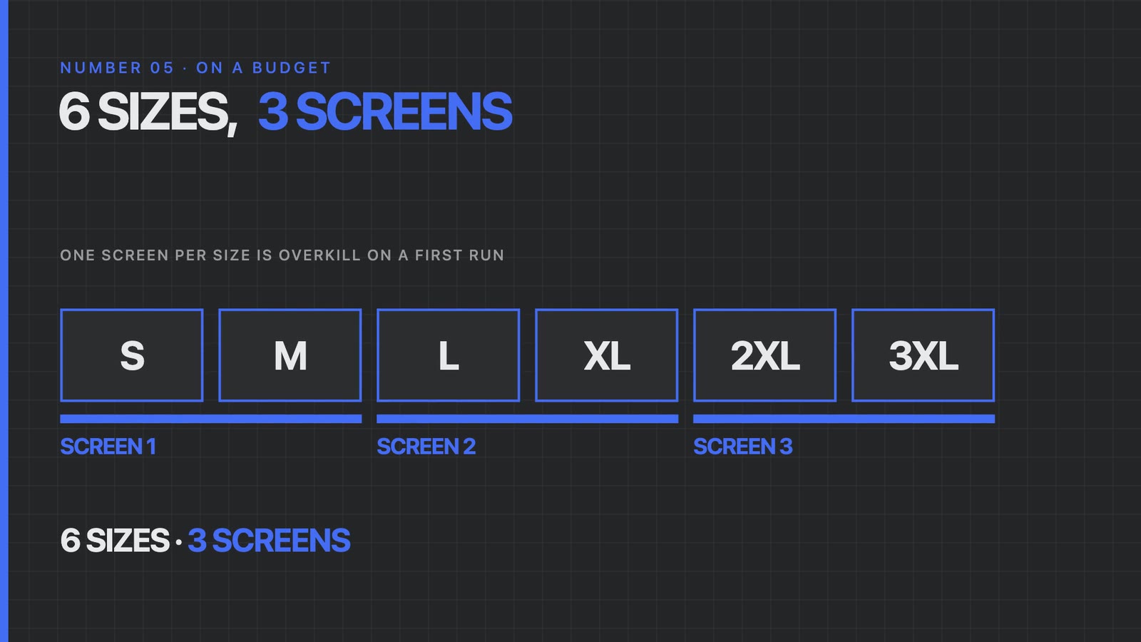 Six sizes from small to 3XL grouped into three screens: small and medium, large and XL, 2XL and 3XL
