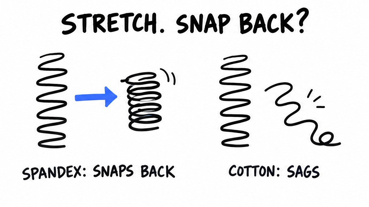Sketch of a spring snapping back for spandex and a spring left sagging for cotton