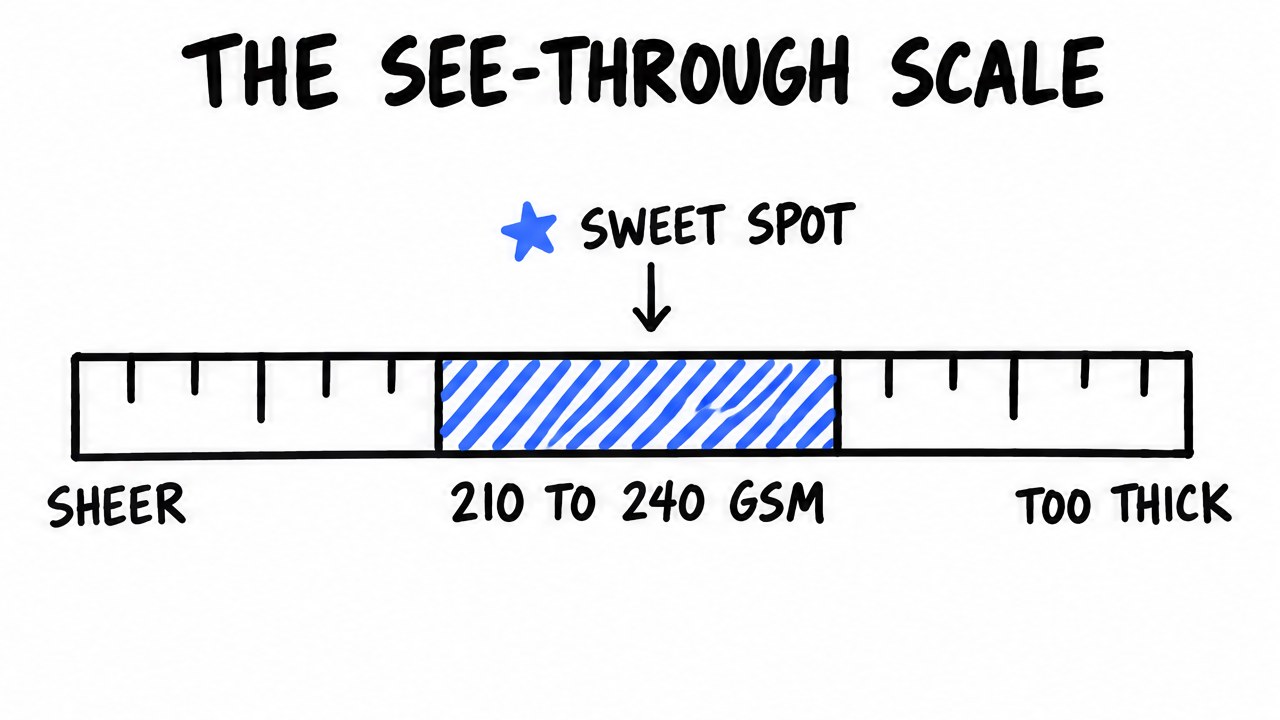 Sketch of a GSM scale from sheer to too thick with 210 to 240 GSM marked as the sweet spot