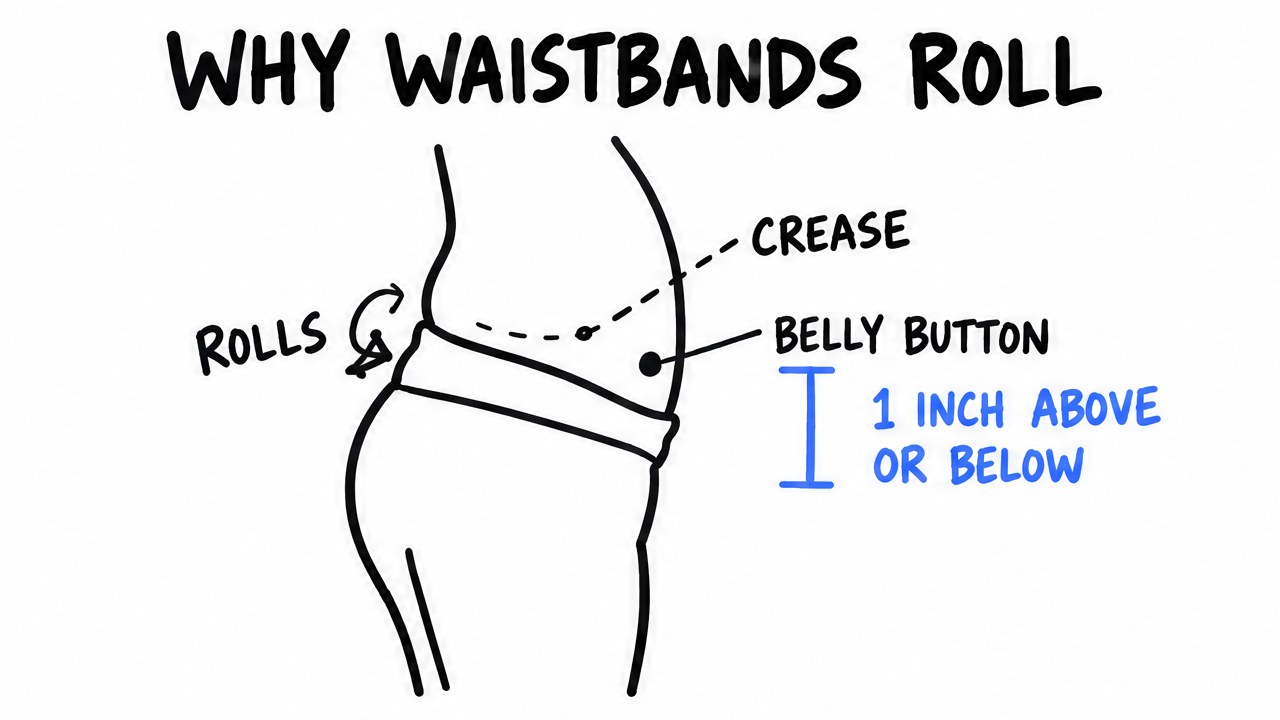 Sketch of a waistband rolling at the belly crease, with the ideal height one inch above or below the belly button