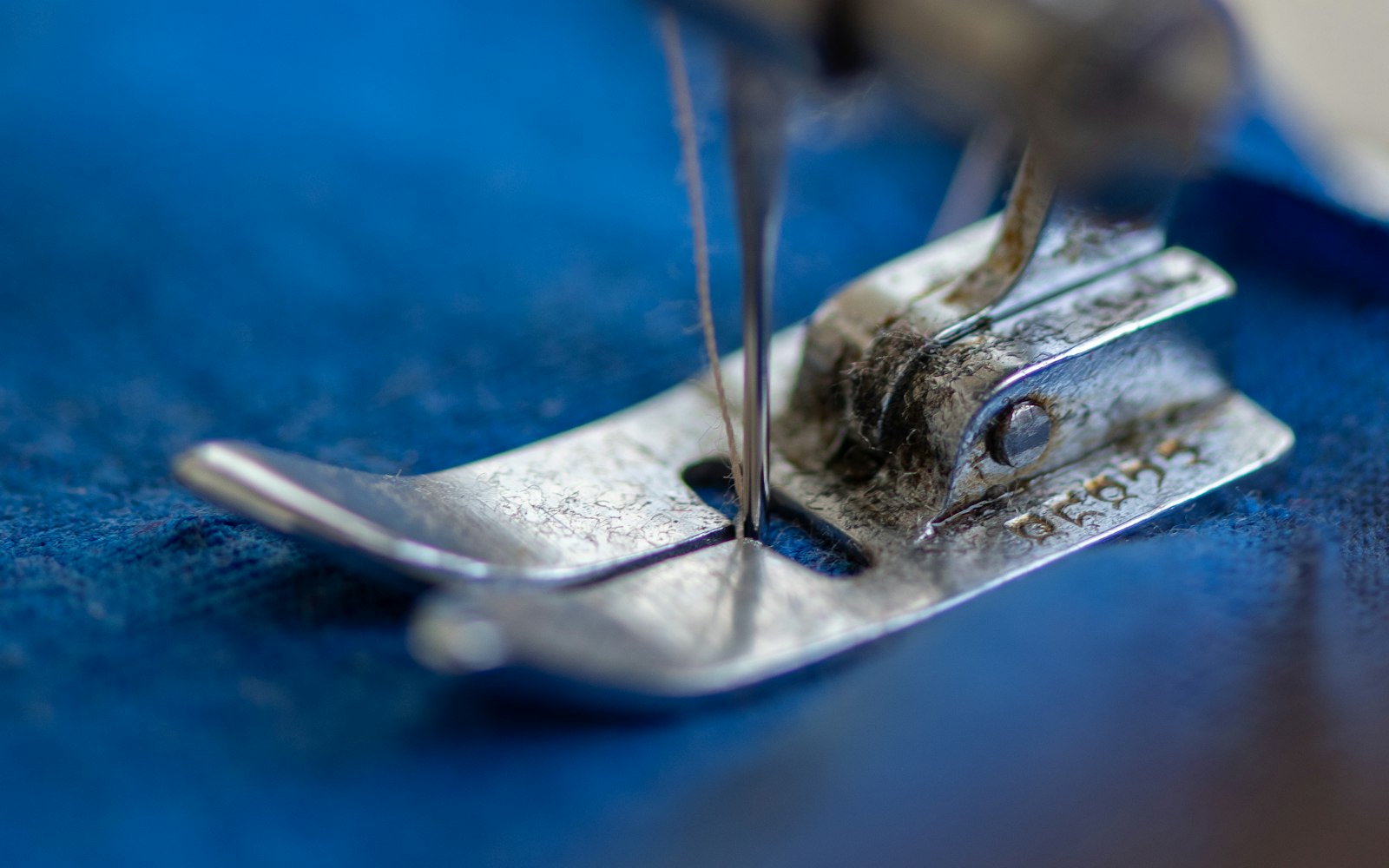 Close up of a sewing machine foot stitching blue fabric