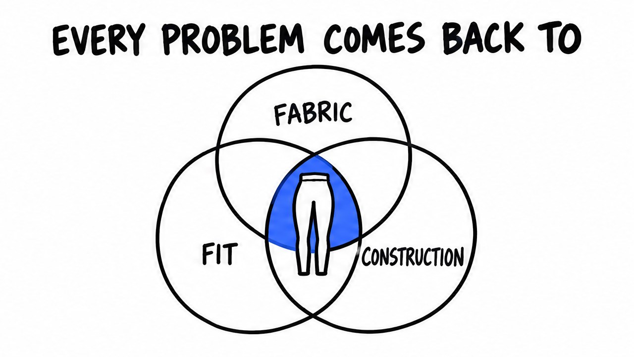 Sketch of a Venn diagram of fabric, fit and construction with leggings in the middle