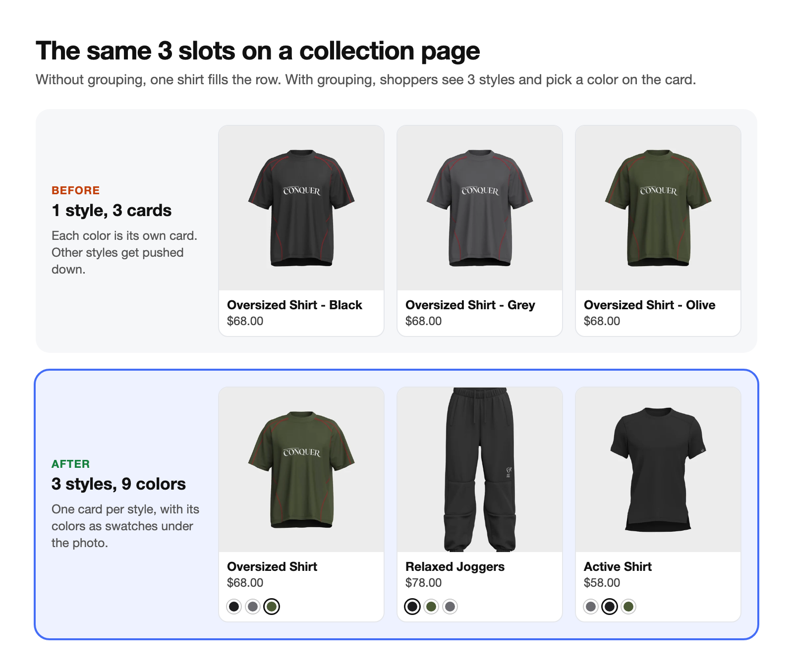 Collection page before and after grouping products by style