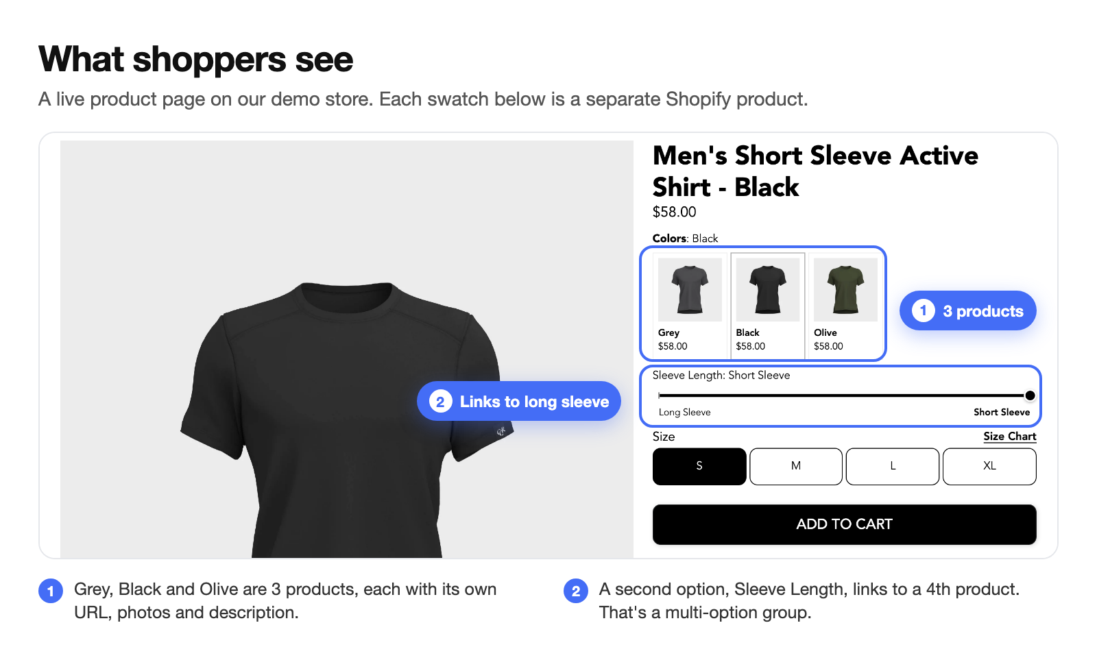 Product page with color swatches that link three separate Shopify products