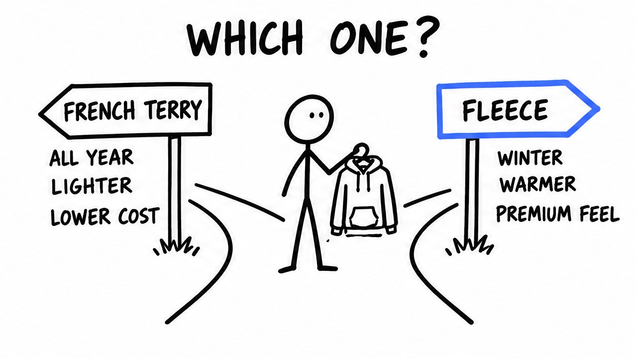 Sketch of a fork in the road between French terry for all year and fleece for winter