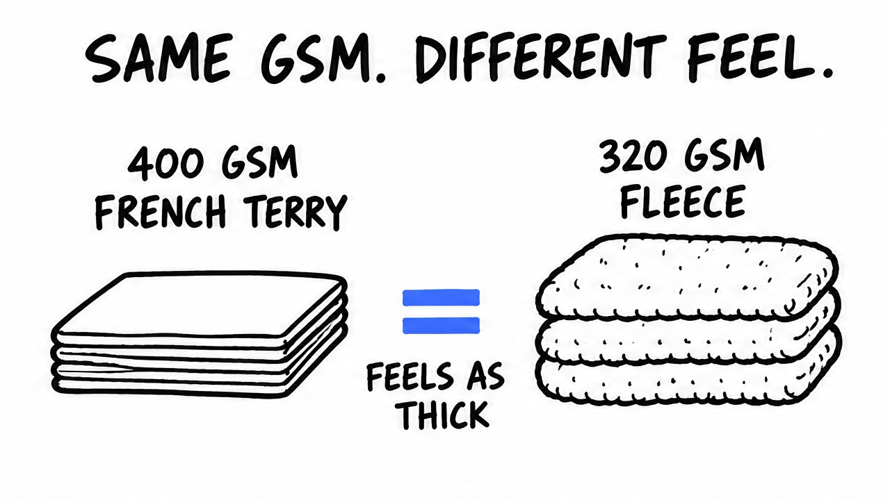 Sketch comparing 400 GSM French terry and 320 GSM fleece that feel equally thick