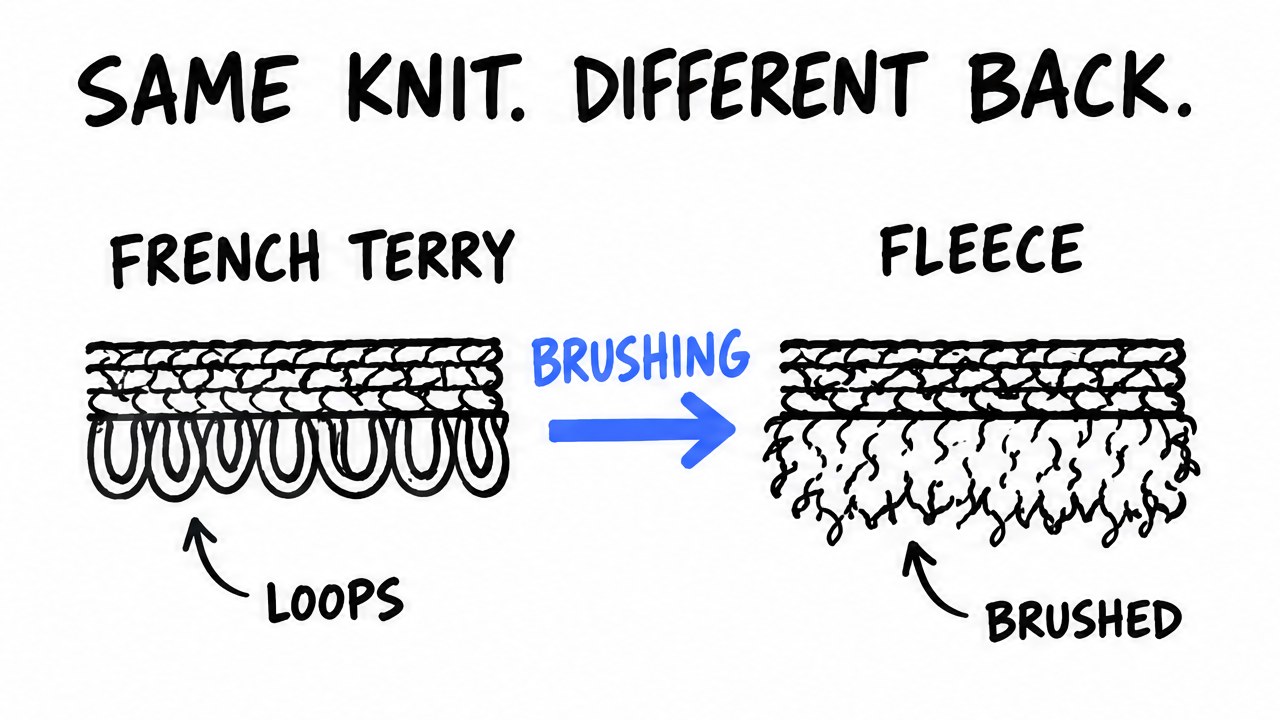 Sketch showing French terry loops becoming brushed fleece fibers after brushing