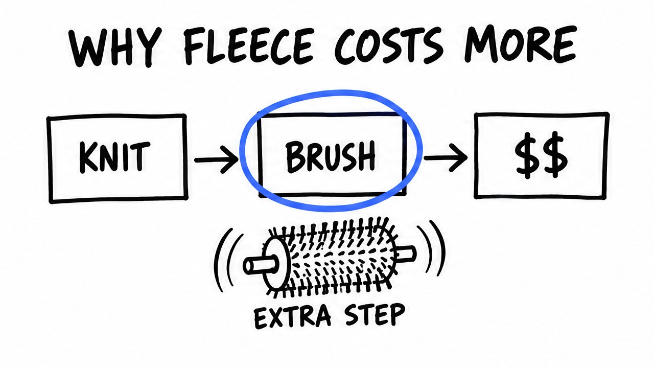 Sketch showing knit, then brush, then higher cost for fleece