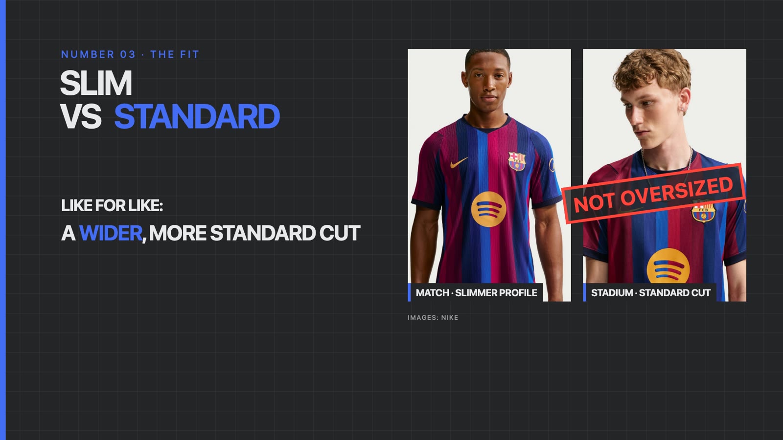 FC Barcelona Match shirt with a slimmer profile next to the Stadium shirt with a standard cut