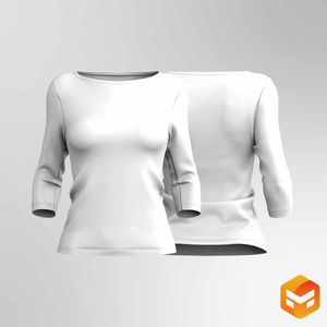 Ladies Boat Neckline 3/4 Set In Sleeve Fitted Tee - 3D Garment
