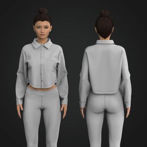 Ladies Button Up Scallop Bottom Oversized Crop Shirt Tech Pack