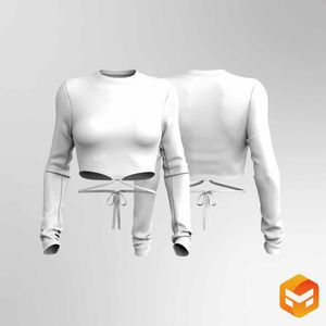 Ladies Crew Neckline Waist Tie Long Sleeve Tee - 3D Garment