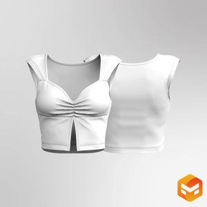 Ladies Diamond Neckline Front Ruched Split Hem Crop Tee - 3D Garment
