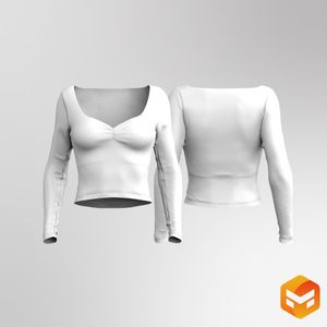 Ladies Diamond Neckline Front Ruching Fitted Long Sleeve Top 3D Garment