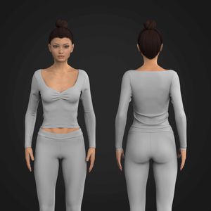 Ladies Diamond Neckline Front Ruching Fitted Long Sleeve Top Tech Pack