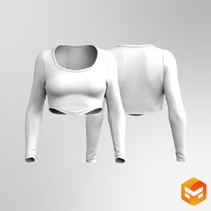 Ladies Diamond Neckline Scallop Bottom Long Sleeve Crop Tee 3D Garment