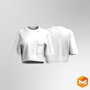 Ladies High  Neckline Oversized Patch Pocket Crop Tee 3D Garment