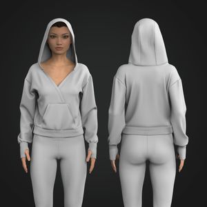 Ladies Overlapping Front Neckline Runner Sleeve Relaxed Hoodie Tech Pack