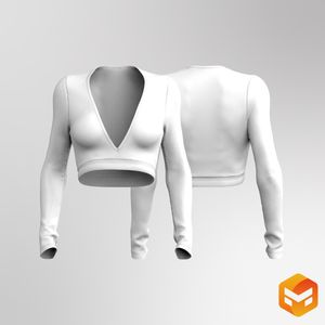 Ladies Ribbed Deep V-Shaped Neckline Long Sleeve Crop Top - 3D Garment