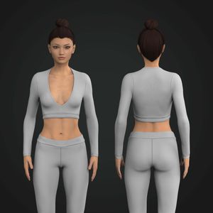 Ladies Ribbed Deep V-Shaped Neckline Long Sleeve Crop Top Tech Pack