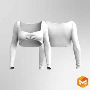 Ladies Ruched Diamond Neckline Micro Long Sleeve Crop Top - 3D Garment