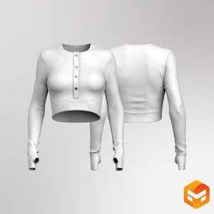 Ladies Set In Runner Sleeve Button Up Crop Top - 3D Garment