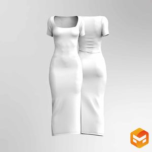 Ladies Squared Off Neckline High Split Hem Ribbed Midi Dress - 3D Garment