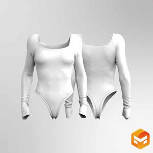 Ladies Squared Off Neckline Knuckle Length Sleeves Bodysuit - 3D Garment