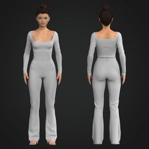 Ladies Squared Off Neckline Long Sleeve Flared Jumpsuit