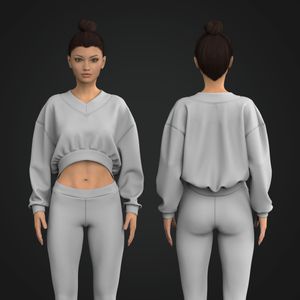 Ladies V-Shaped Neckline Curved Banded Hem Crop Sweater Tech Pack