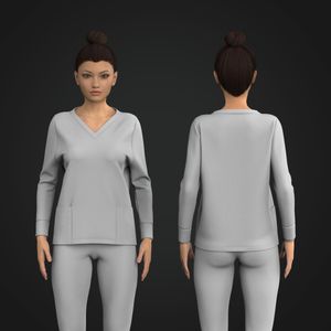 Ladies V-Shaped Neckline Long Set In Sleeve Scrub Top Tech Pack