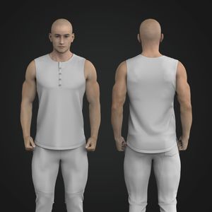 Mens Button Up Split Hem Scallop Bottom Tank Top Tech Pack