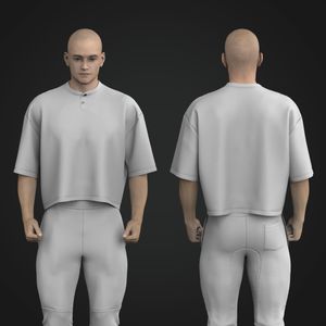 Mens Henley Collar Drop Shoulder Oversized Cropped Tee Tech Pack