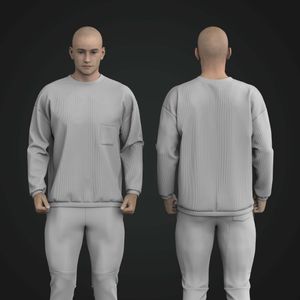 Mens Ribbed Crew Neck Drop Shoulder Relaxed Patch Pocket Sweater